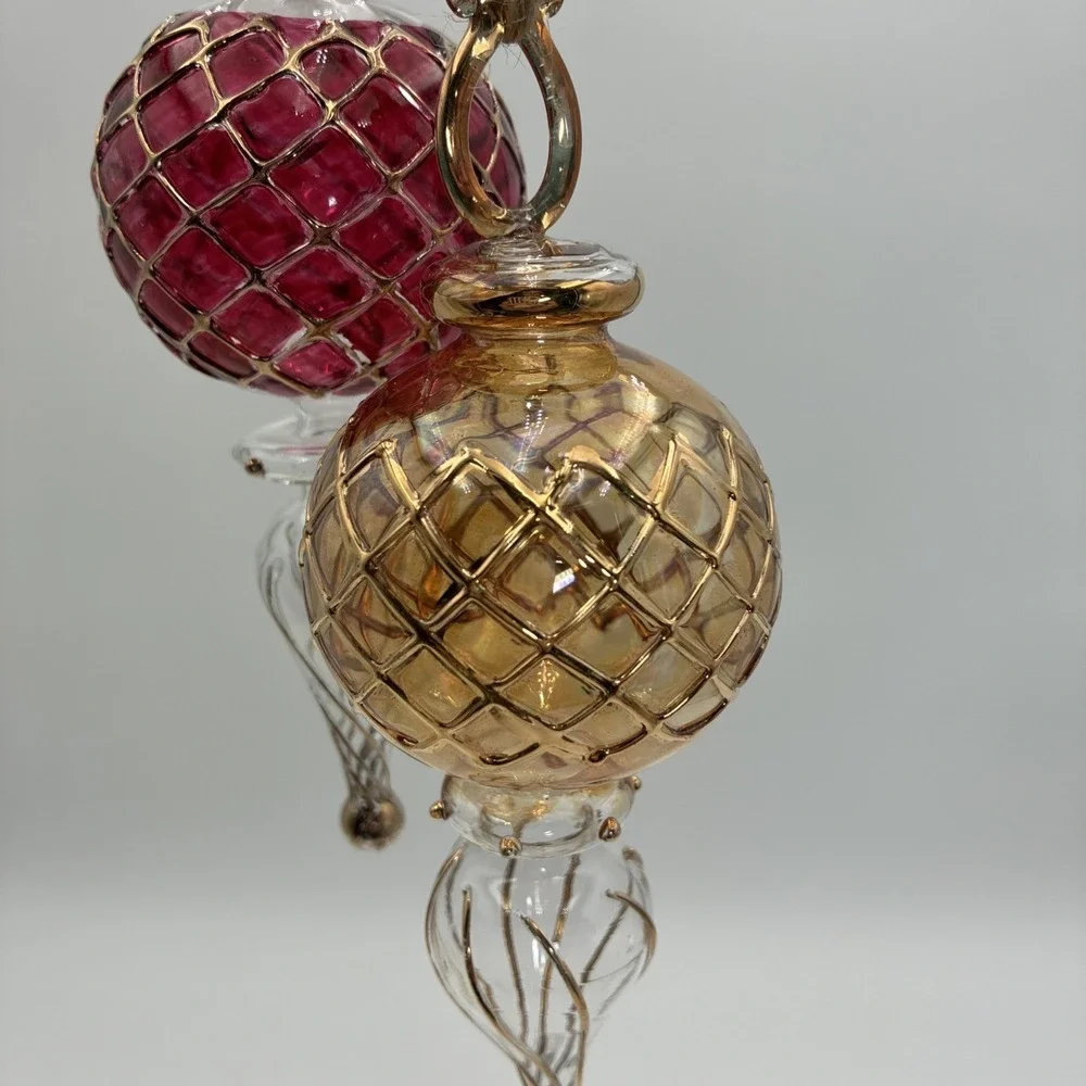 Vintage Hand Blown Glass Finial Christmas Ornaments Red Gold Lattice Set of 2